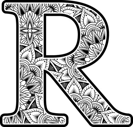 capital letter r with abstract flowers ornaments in black and white. design inspired from mandala art style for coloring. Isolated on white backgroundのイラスト素材