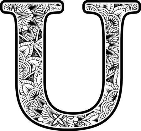 capital letter u with abstract flowers ornaments in black and white. design inspired from mandala art style for coloring. Isolated on white backgroundのイラスト素材