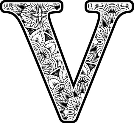 capital letter v with abstract flowers ornaments in black and white. design inspired from mandala art style for coloring. Isolated on white backgroundのイラスト素材