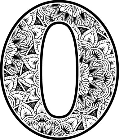 number 0 with abstract flowers ornaments in black and white. design inspired from mandala art style for coloring. Isolated on white backgroundのイラスト素材