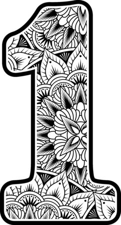 number 1 with abstract flowers ornaments in black and white. design inspired from mandala art style for coloring. Isolated on white backgroundのイラスト素材