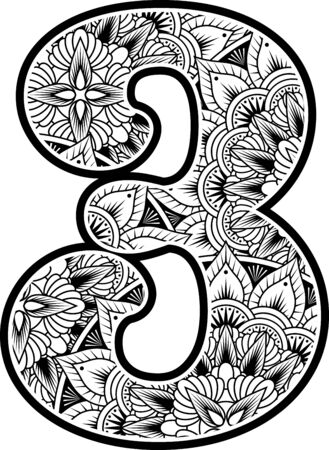 number 3 with abstract flowers ornaments in black and white. design inspired from mandala art style for coloring. Isolated on white backgroundのイラスト素材