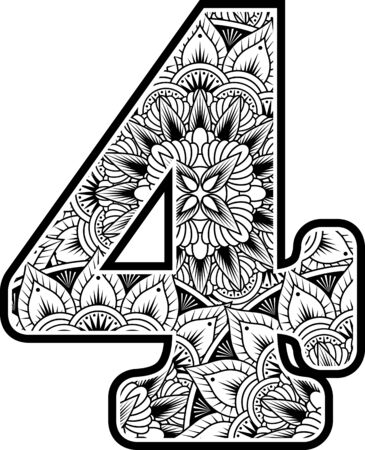 number 4 with abstract flowers ornaments in black and white. design inspired from mandala art style for coloring. Isolated on white backgroundのイラスト素材