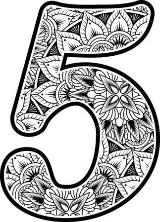 number 5 with abstract flowers ornaments in black and white. design inspired from mandala art style for coloring. Isolated on white backgroundのイラスト素材