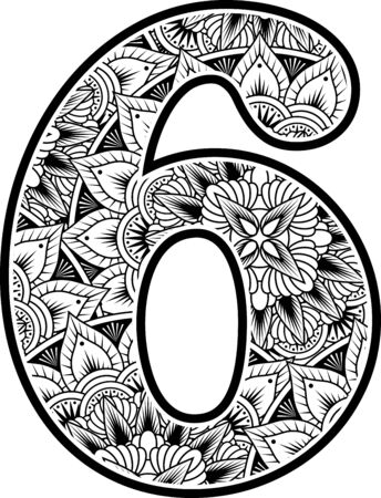number 6 with abstract flowers ornaments in black and white. design inspired from mandala art style for coloring. Isolated on white backgroundのイラスト素材