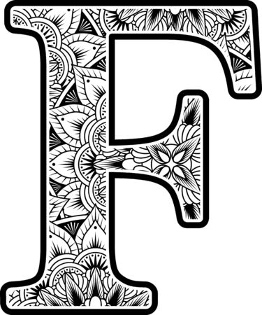 capital letter f with abstract flowers ornaments in black and white. design inspired from mandala art style for coloring. Isolated on white backgroundのイラスト素材