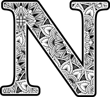 capital letter n with abstract flowers ornaments in black and white. design inspired from mandala art style for coloring. Isolated on white backgroundのイラスト素材