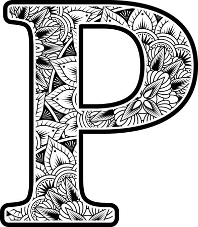 capital letter p with abstract flowers ornaments in black and white. design inspired from mandala art style for coloring. Isolated on white backgroundのイラスト素材