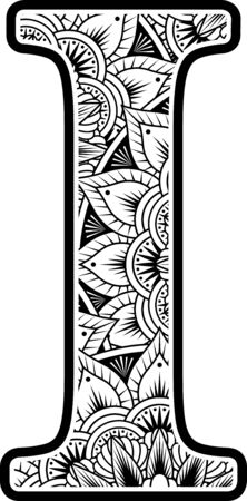 capital letter i with abstract flowers ornaments in black and white. design inspired from mandala art style for coloring. Isolated on white backgroundのイラスト素材