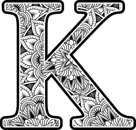 capital letter k with abstract flowers ornaments in black and white. design inspired from mandala art style for coloring. Isolated on white backgroundのイラスト素材