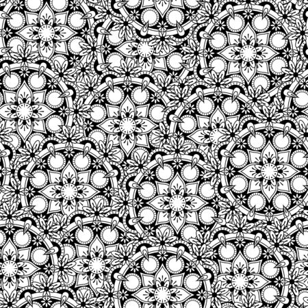 illustration of abstract flowers seamless pattern in black and white inspired on mandala art for coloring with geometric design elementsのイラスト素材