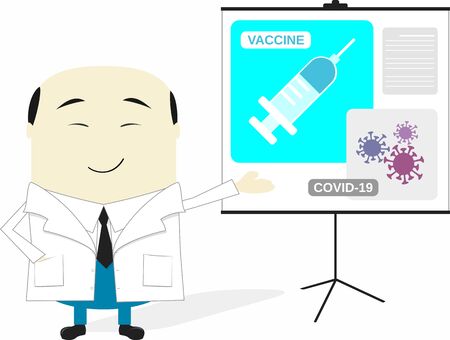 cartoon illustration of asian scientist presenting coronavirus vaccine. Isolated on white backgroundのイラスト素材