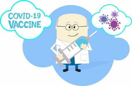 cartoon illustration of happy scientist holding big syringe with coronavirus vaccine. Isolated on white backgroundのイラスト素材