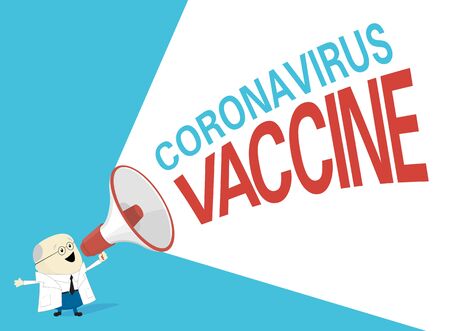 vector illustration of scientist or doctor in white coat shouting through megaphone coronavirus vaccineのイラスト素材