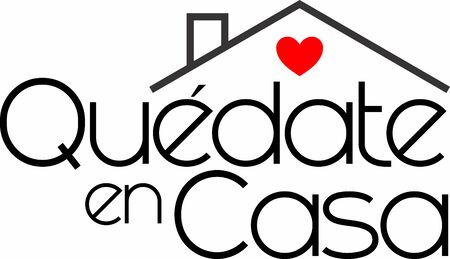 Quote in spanish "quedate en casa" (Stay at Home) black with red heart. isolated on white background. Social distancing campaign during quarentine COVID-19 pandemicのイラスト素材