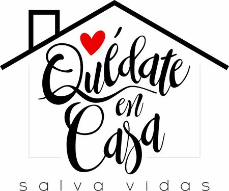 Quote in spanish "quedate en casa" (Stay at Home) black with red heart. isolated on white background. Social distancing campaign during quarentine COVID-19 pandemicのイラスト素材