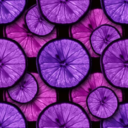 seamless pattern of slices of citrus fruit in purple tones with backlight isolated on black background, can be tiledの写真素材