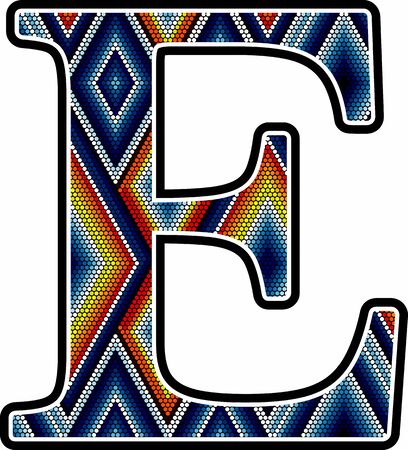 initial capital letter E with colorful dots abstract design inspired in mexican huichol art style. Isolated on white backgroundのイラスト素材