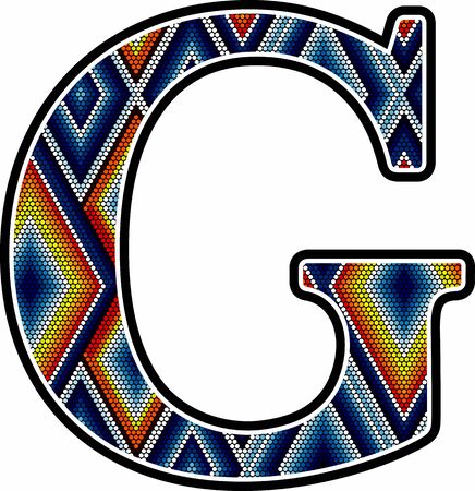 initial capital letter G with colorful dots abstract design inspired in mexican huichol art style. Isolated on white backgroundのイラスト素材
