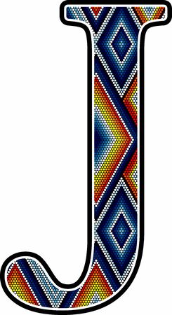 initial capital letter J with colorful dots abstract design inspired in mexican huichol art style. Isolated on white backgroundのイラスト素材