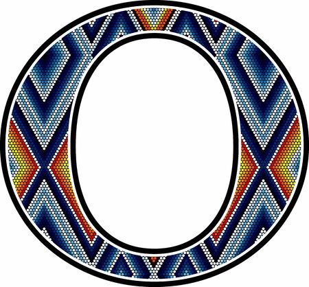initial capital letter O with colorful dots abstract design inspired in mexican huichol art style. Isolated on white backgroundのイラスト素材
