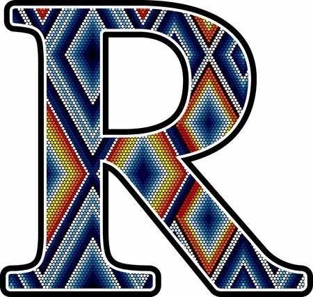 initial capital letter R with colorful dots abstract design inspired in mexican huichol art style. Isolated on white backgroundのイラスト素材
