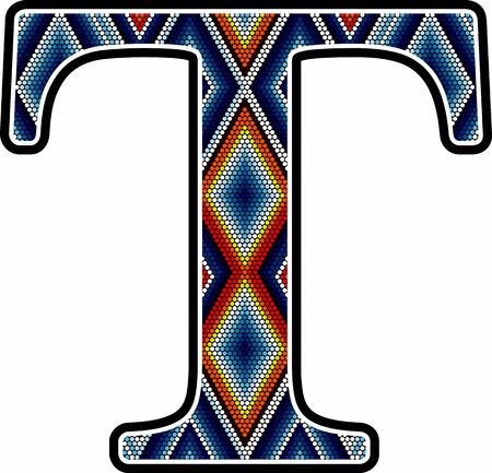 initial capital letter T with colorful dots abstract design inspired in mexican huichol art style. Isolated on white backgroundのイラスト素材