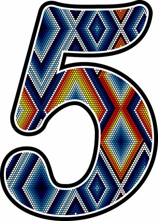 number 5 with colorful dots abstract design inspired in mexican huichol art style isolated on white backgroundのイラスト素材
