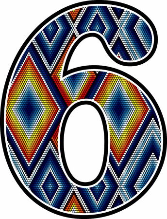 number 6 with colorful dots abstract design inspired in mexican huichol art style isolated on white backgroundのイラスト素材