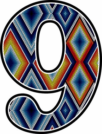 number 9 with colorful dots abstract design inspired in mexican huichol art style isolated on white backgroundのイラスト素材