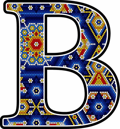 initial capital letter B with colorful dots. Abstract design inspired in mexican huichol craft art style. Isolated on white backgroundのイラスト素材