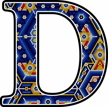 initial capital letter D with colorful dots. Abstract design inspired in mexican huichol craft art style. Isolated on white backgroundのイラスト素材