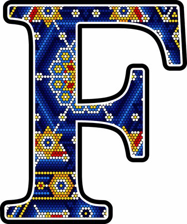 initial capital letter F with colorful dots. Abstract design inspired in mexican huichol craft art style. Isolated on white backgroundのイラスト素材