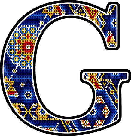 initial capital letter G with colorful dots. Abstract design inspired in mexican huichol craft art style. Isolated on white backgroundのイラスト素材