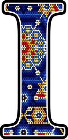 initial capital letter I with colorful dots. Abstract design inspired in mexican huichol craft art style. Isolated on white backgroundのイラスト素材