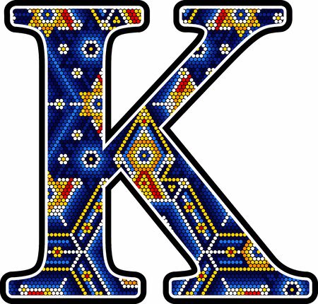 initial capital letter K with colorful dots. Abstract design inspired in mexican huichol craft art style. Isolated on white backgroundのイラスト素材