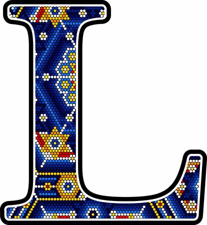 initial capital letter L with colorful dots. Abstract design inspired in mexican huichol craft art style. Isolated on white backgroundのイラスト素材