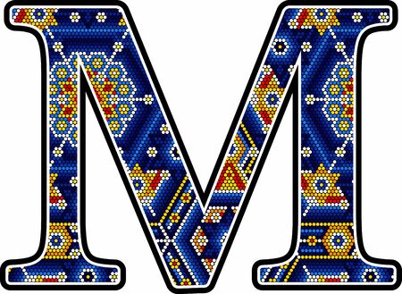 initial capital letter M with colorful dots. Abstract design inspired in mexican huichol craft art style. Isolated on white backgroundのイラスト素材