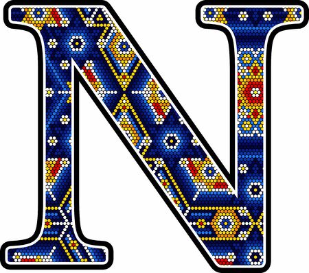 initial capital letter N with colorful dots. Abstract design inspired in mexican huichol craft art style. Isolated on white backgroundのイラスト素材