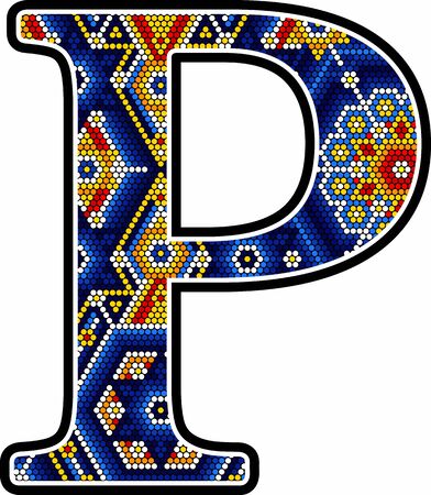 initial capital letter P with colorful dots. Abstract design inspired in mexican huichol craft art style. Isolated on white backgroundのイラスト素材