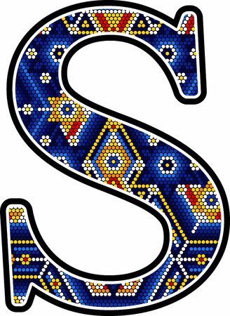 initial capital letter S with colorful dots. Abstract design inspired in mexican huichol craft art style. Isolated on white backgroundのイラスト素材