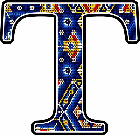 initial capital letter T with colorful dots. Abstract design inspired in mexican huichol craft art style. Isolated on white backgroundのイラスト素材