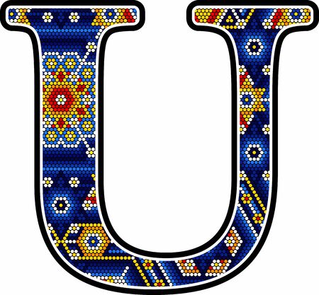initial capital letter U with colorful dots. Abstract design inspired in mexican huichol craft art style. Isolated on white backgroundのイラスト素材