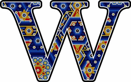 initial capital letter W with colorful dots. Abstract design inspired in mexican huichol craft art style. Isolated on white backgroundのイラスト素材