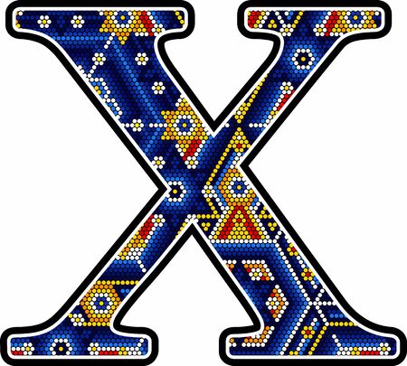 initial capital letter X with colorful dots. Abstract design inspired in mexican huichol craft art style. Isolated on white backgroundのイラスト素材