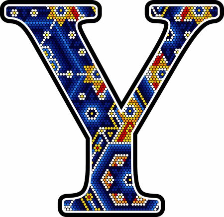 initial capital letter Y with colorful dots. Abstract design inspired in mexican huichol craft art style. Isolated on white backgroundのイラスト素材
