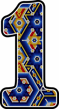 number 1 with colorful dots. Abstract design inspired in mexican huichol art style isolated on white backgroundのイラスト素材