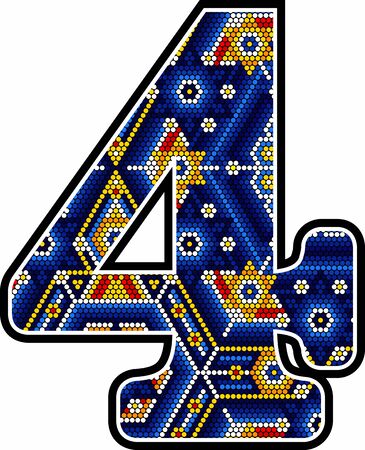 number 4 with colorful dots. Abstract design inspired in mexican huichol art style isolated on white backgroundのイラスト素材