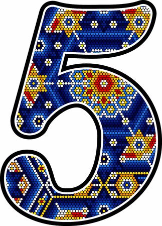 number 5 with colorful dots. Abstract design inspired in mexican huichol art style isolated on white backgroundのイラスト素材