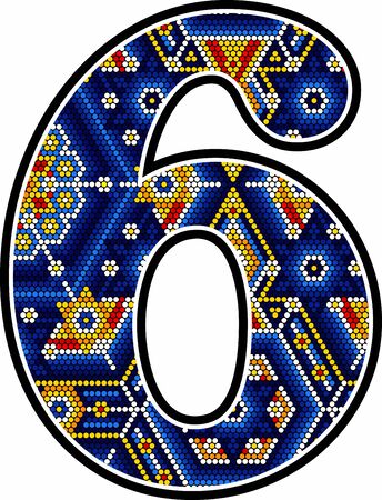 number 6 with colorful dots. Abstract design inspired in mexican huichol art style isolated on white backgroundのイラスト素材